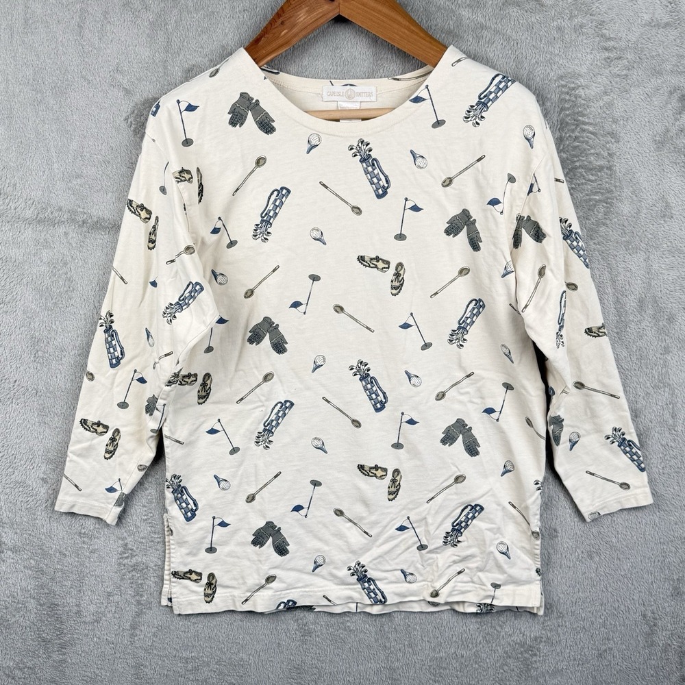 Cape Isle Knitters Top Women M Off-White 3/4 Sleeve Cotton Golf Graphic Pullover